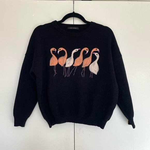 Black crewneck knit sweater with pink and white embroidered flamingos | Size S-M - Picture 2 of 5